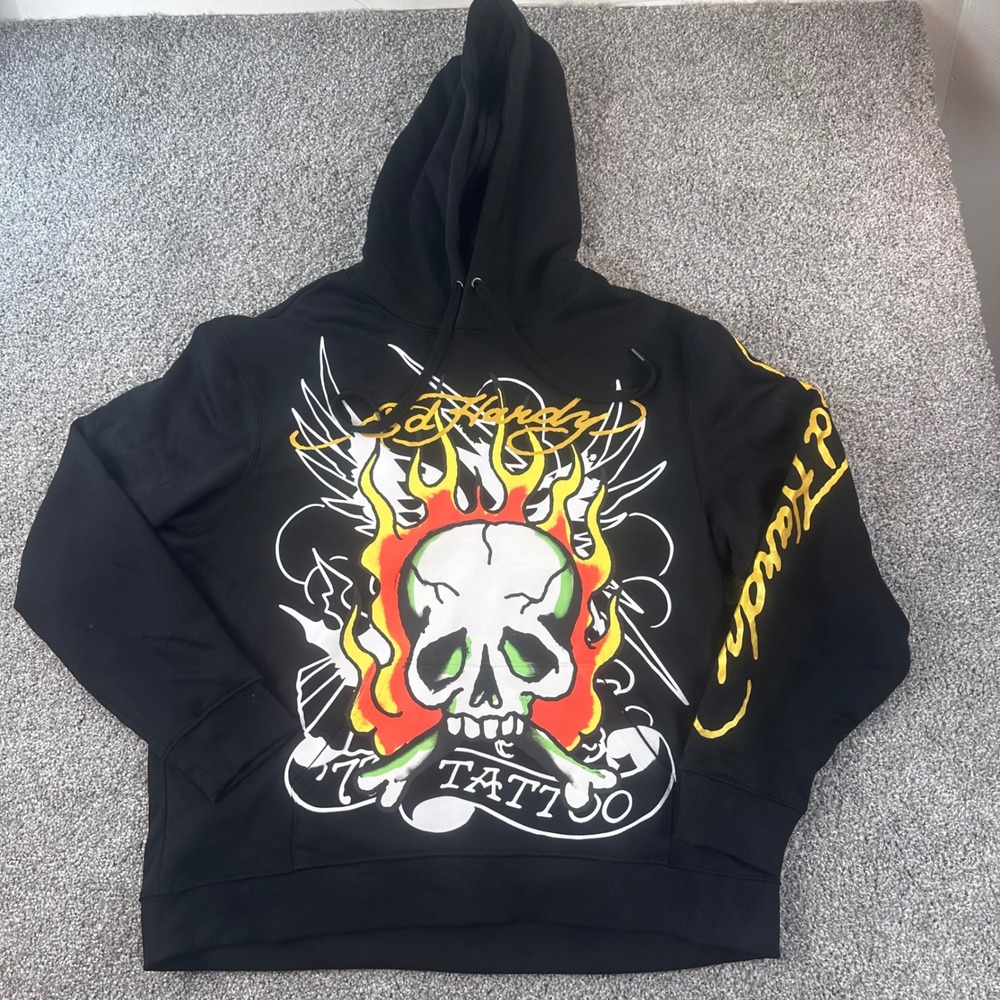 Ed Hardy Hoodie Men XL Black Skull Tattoo Pullover Sweatshirt Streetwear NEW - Picture 2 of 8